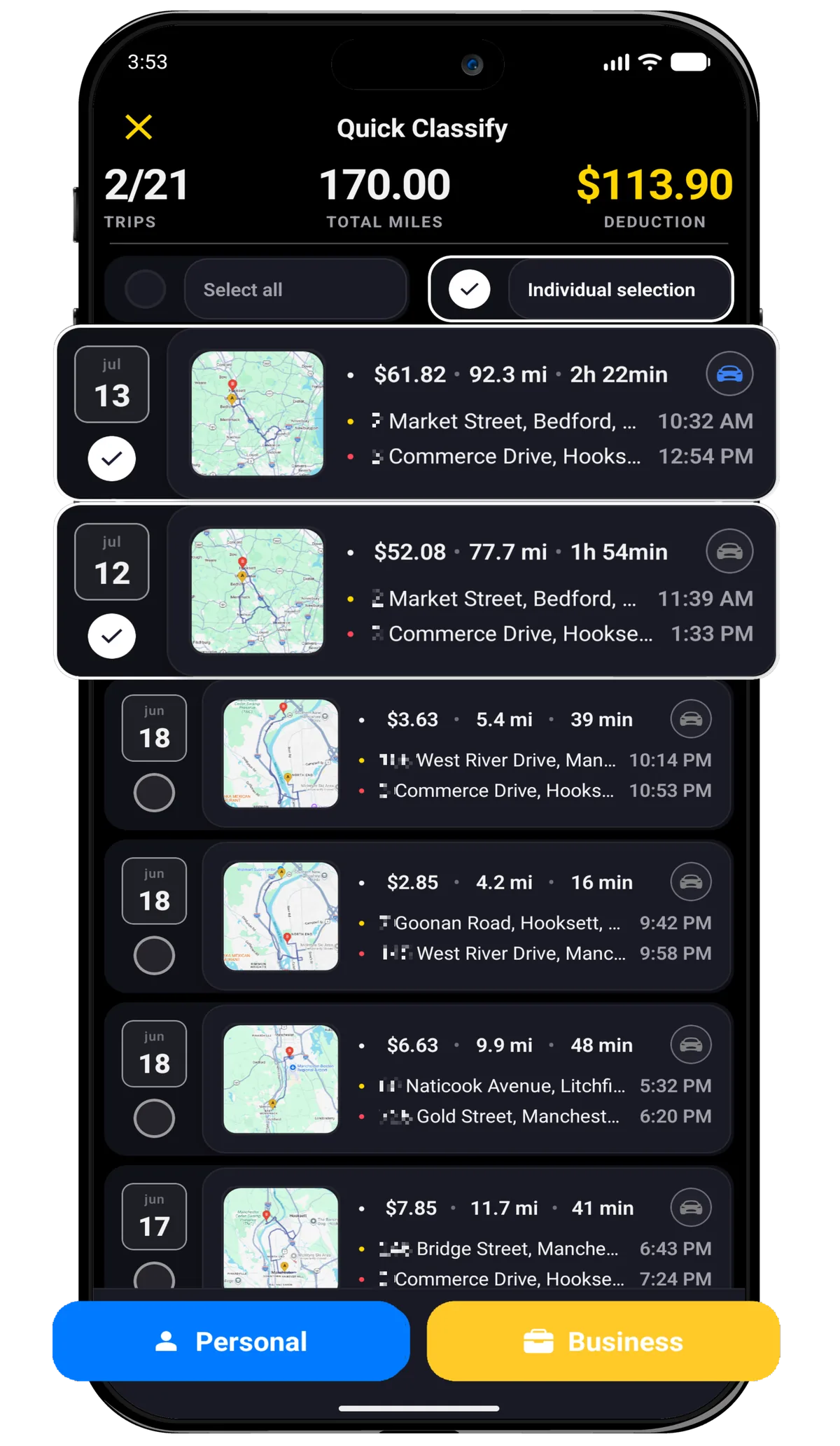 Millaje quick trip classification screen
