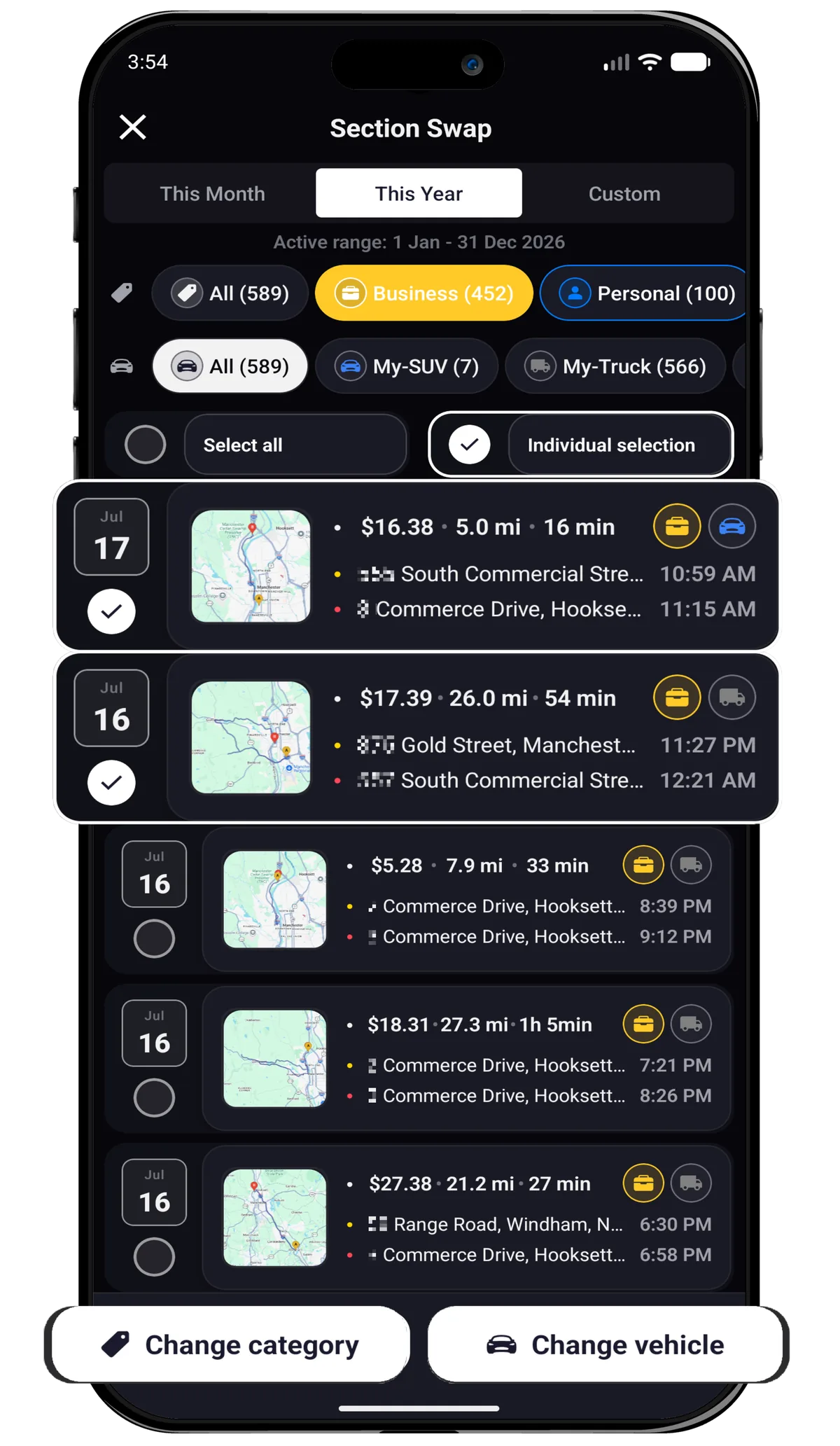 Millaje bulk trip editing screen