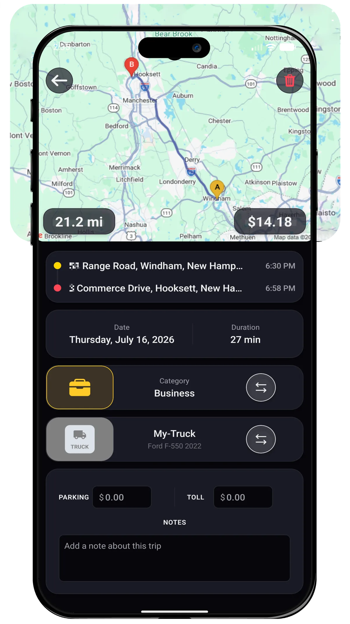 Millaje trip map and trip details screen