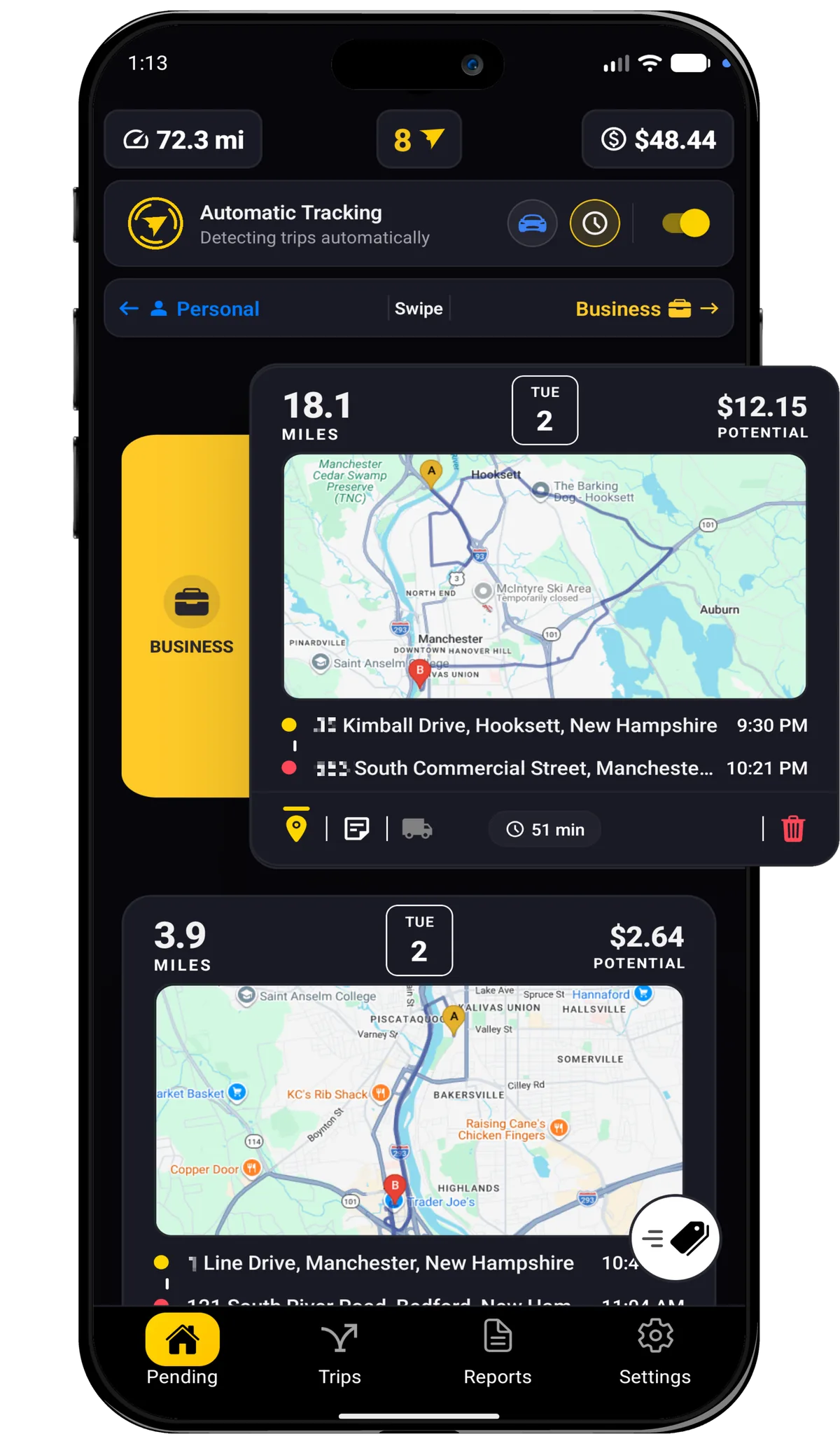 Millaje pending trips summary screen