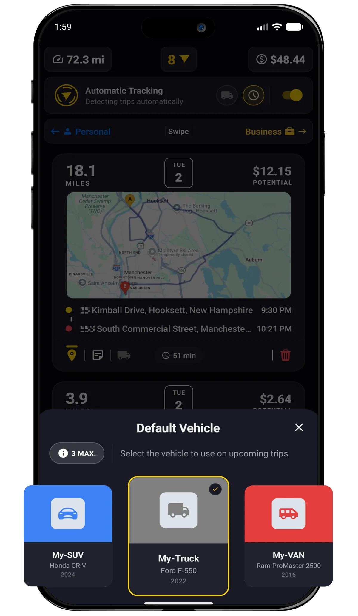 Millaje vehicle management screen